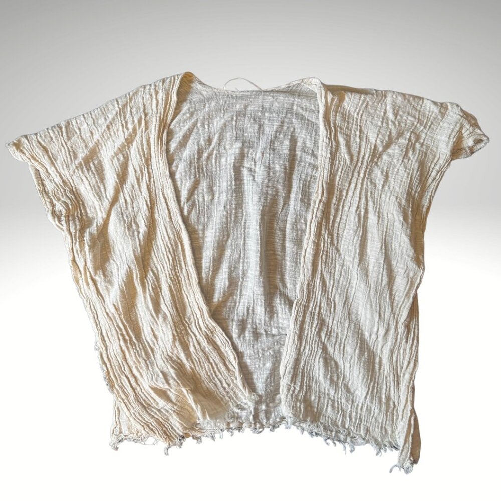 Beige Distressed Linen Tunic / Boho Raw Hem Top – Fits S/M